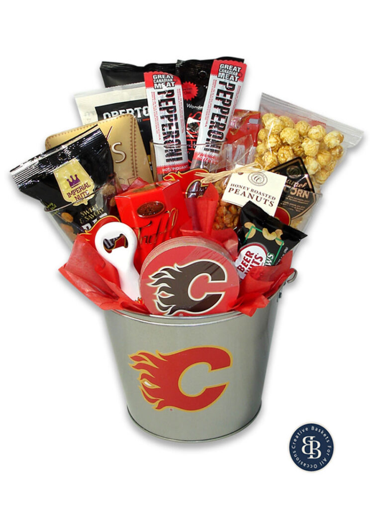 Gift basket for him in a Calgary Flames pail with pepperoni sticks, beer nuts, caramel popcorn, a bottle opener and coasters